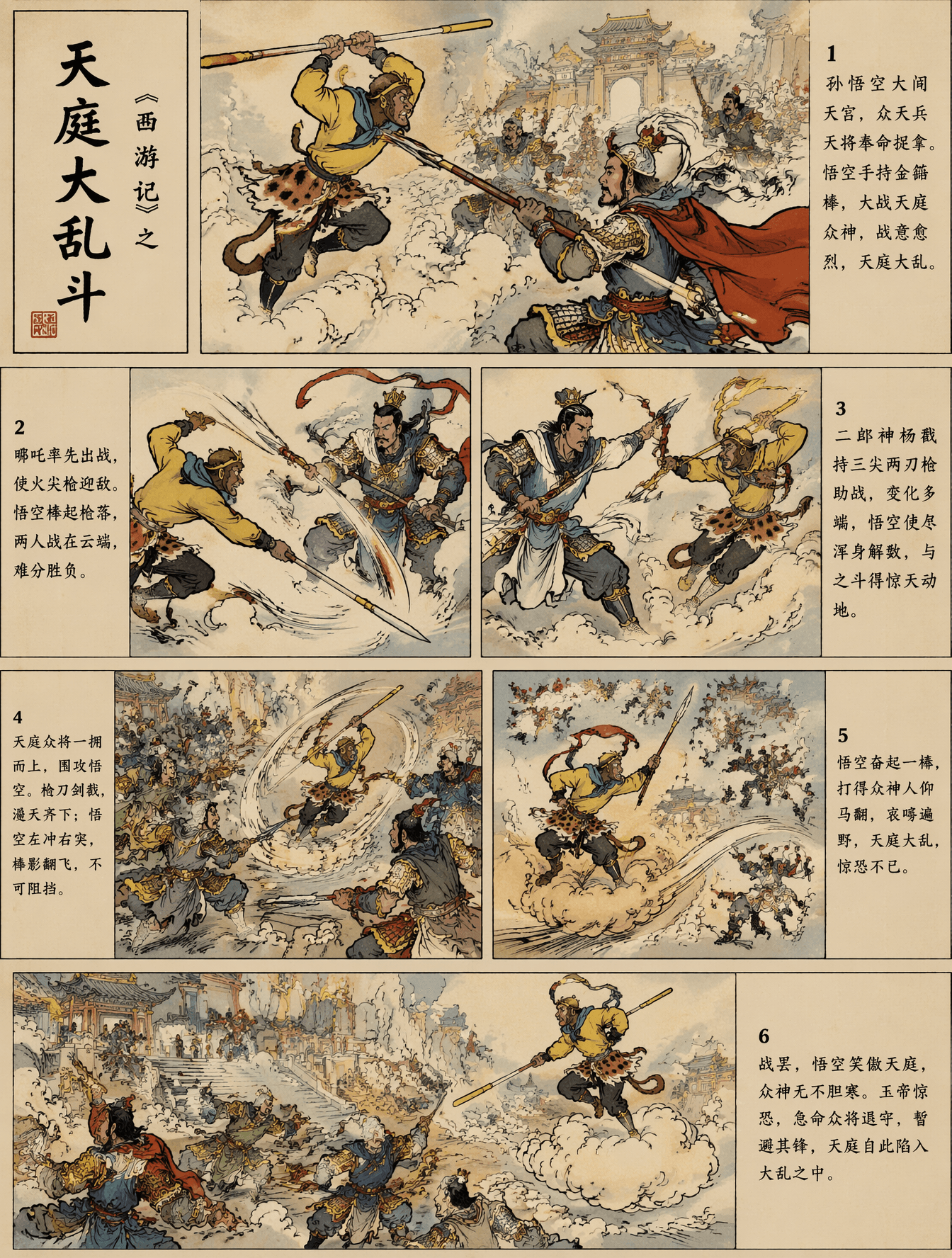 请以传统中国连环画/小人书的风格绘制《西游记》中的“天庭大乱斗”。运用经典的墨线技法，以黑色勾勒轮廓并采用传统着色，描绘
