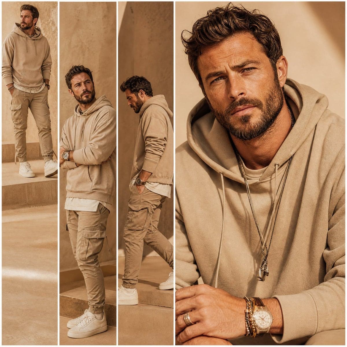 A premium fashion lookbook multi-panel collage grid featurin