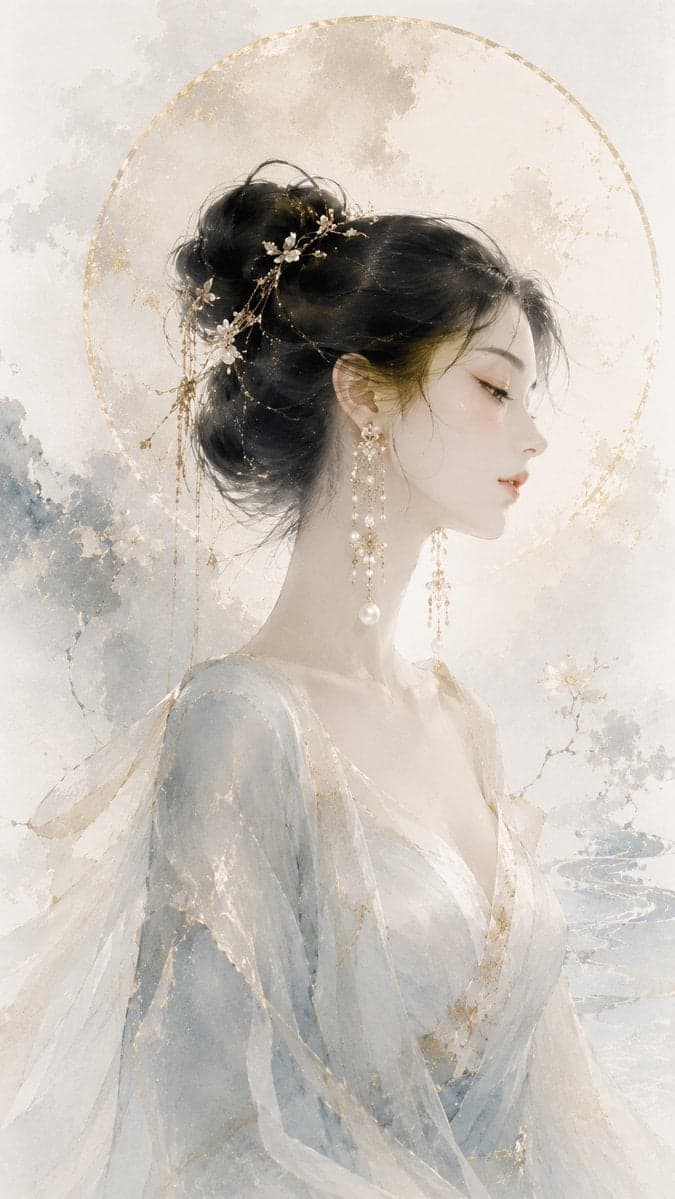 请生成一张 9:16 竖版、原创高级东方珠宝视觉海报。整体风格为东方水墨时装插画,结合高级珠宝 Campaign、轻奢品