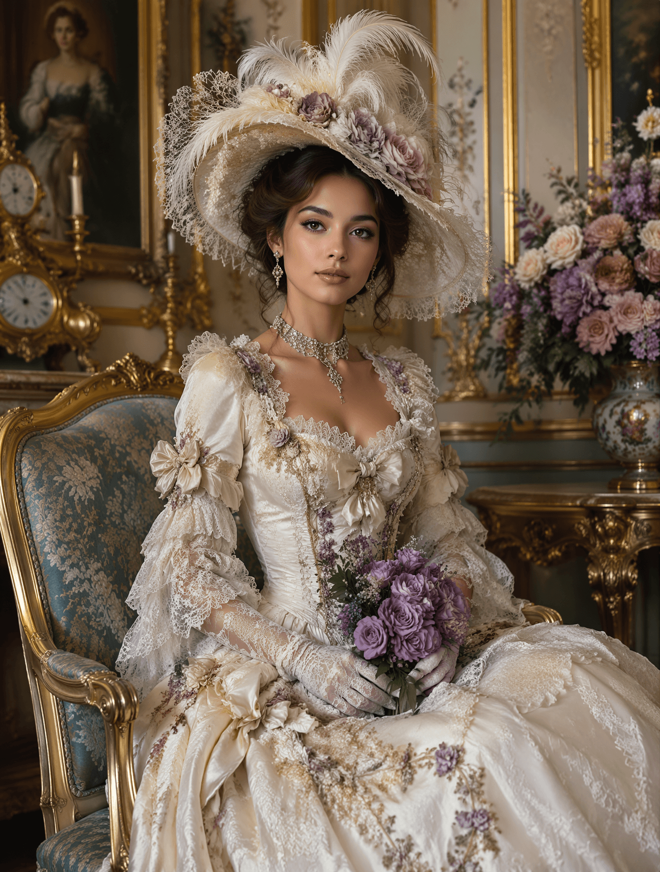 A slim woman dressed in an elaborate, regal costume is seate