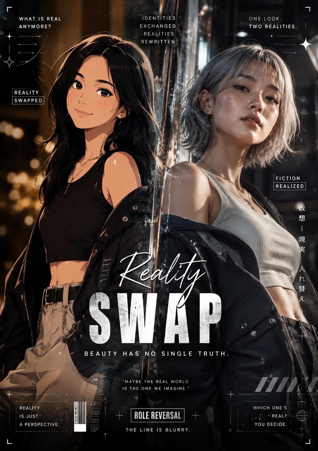 Generate a high-end editorial poster in a Role Reversal (Rea