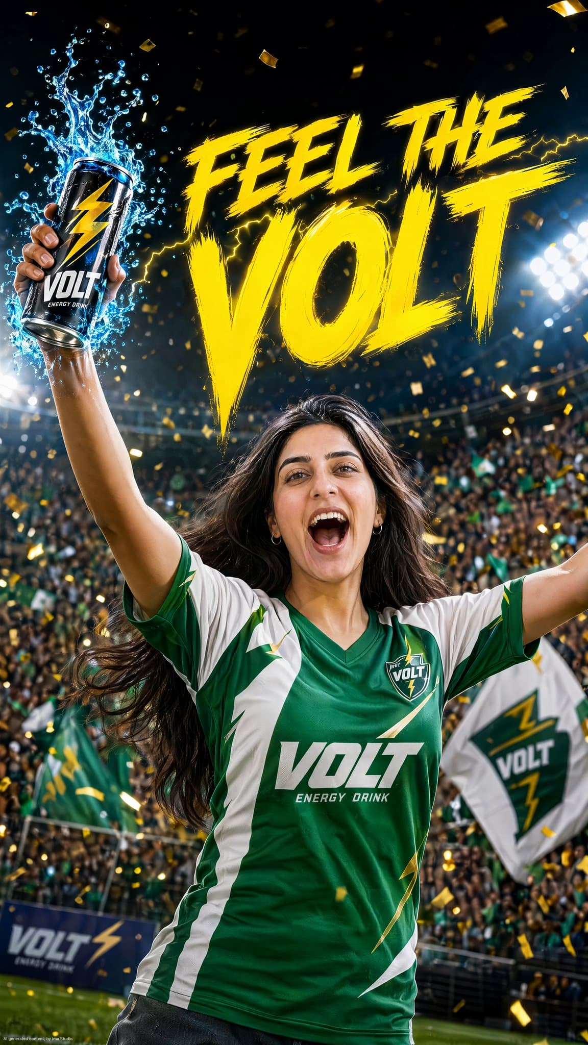 A beautiful young woman in a green and white football jersey