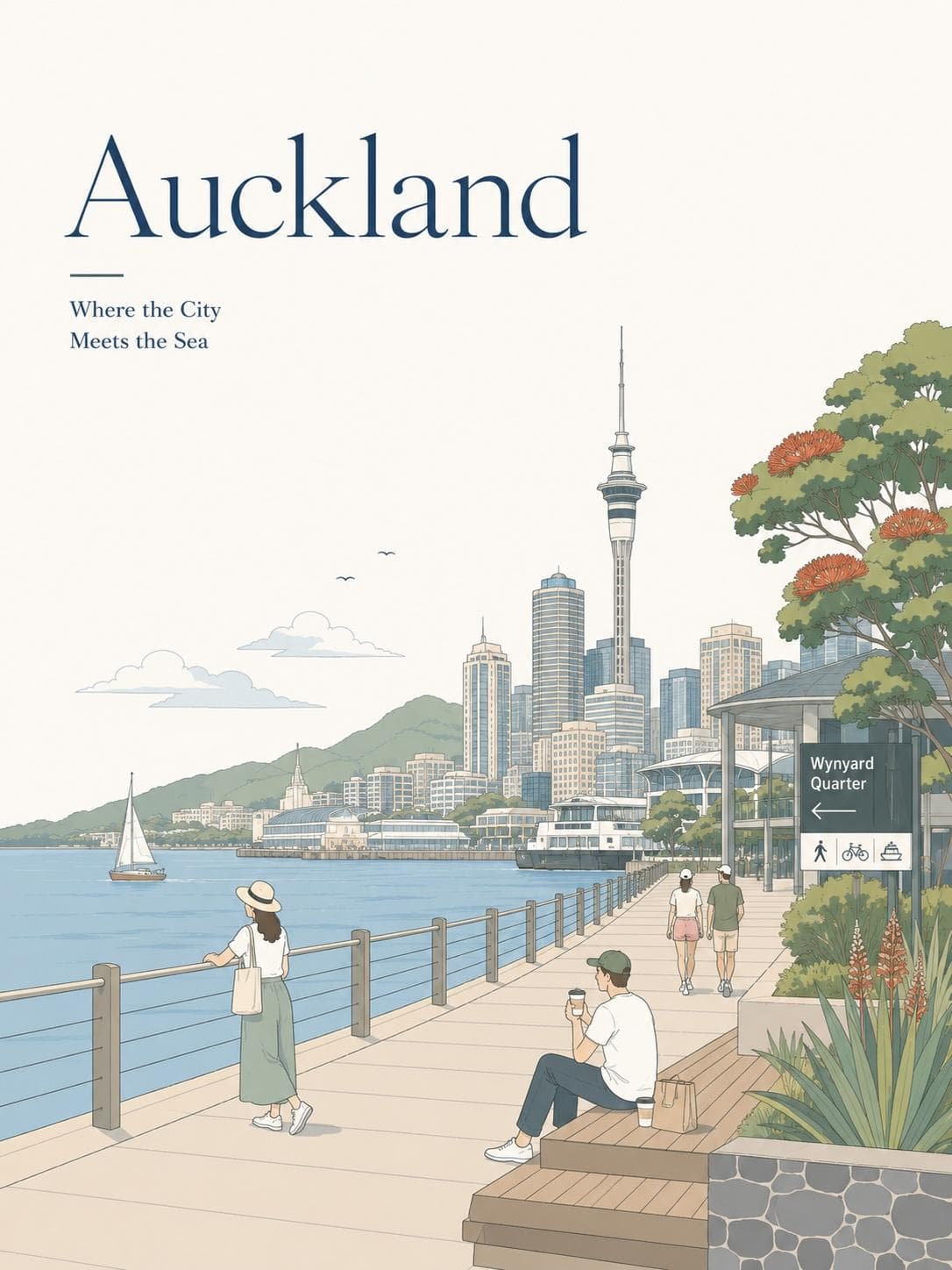 Create a minimalist travel poster illustration in a soft edi
