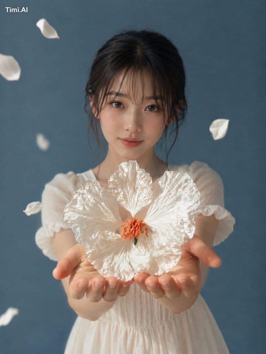 縦長の写真風ポートレート。画面中央に自然で現実感のある女性が立ち、胸元から上半身までを写す。両手をカメラ側へ差し出し、手