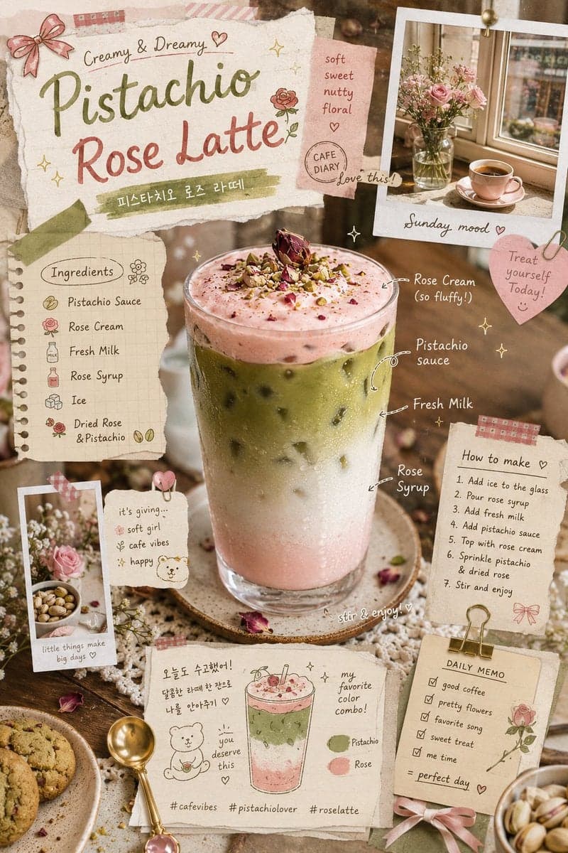 rose latte aesthetic, layered iced pistachio drink with rose