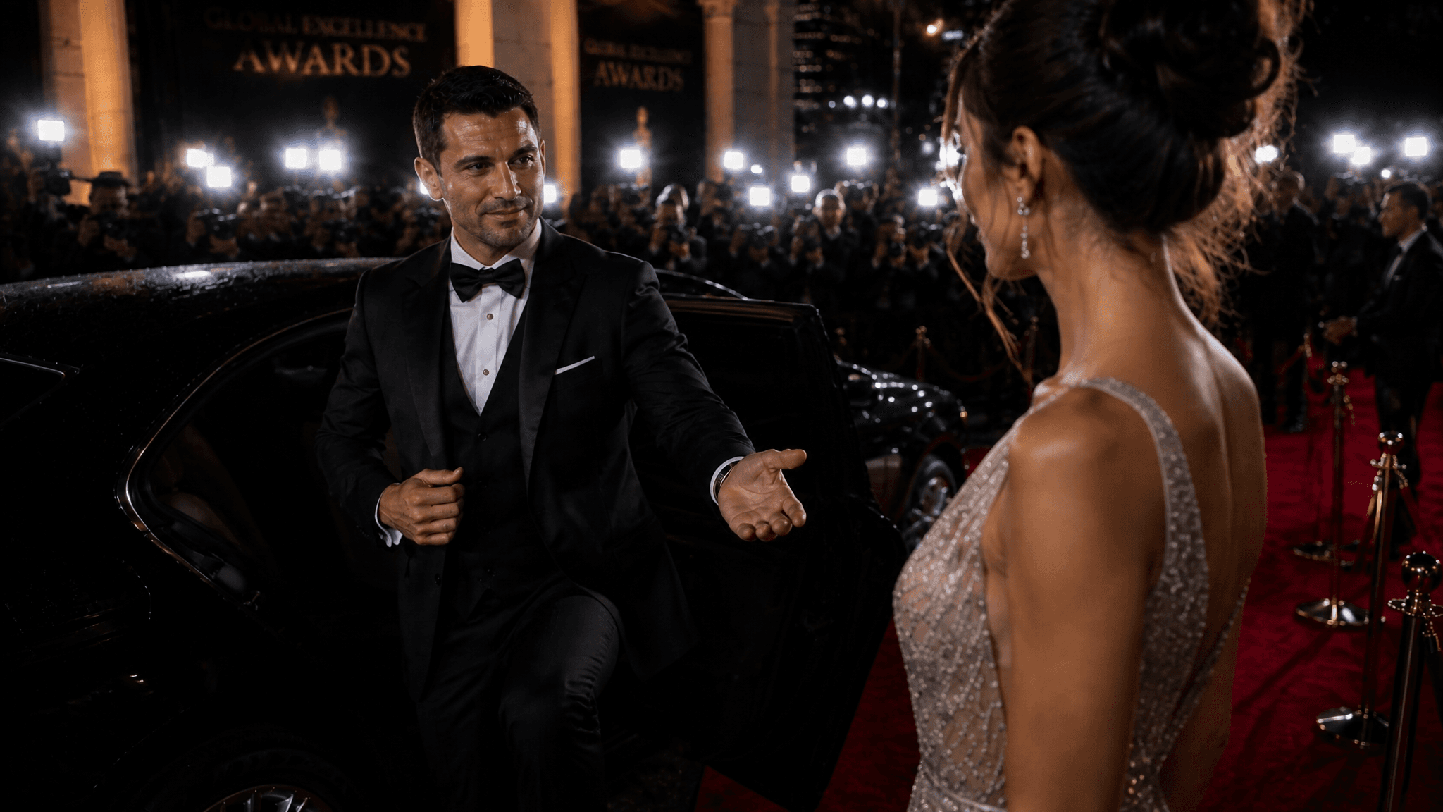 A handsome man in a sharp black tuxedo exits a luxury car, t
