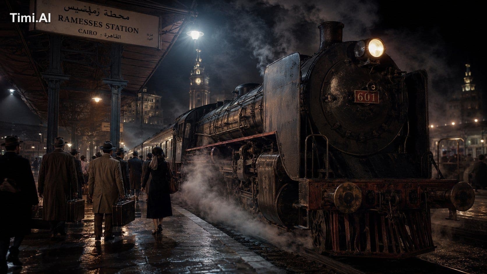 Atmospheric Ramesses Railway Station at night 1960. Steam tr