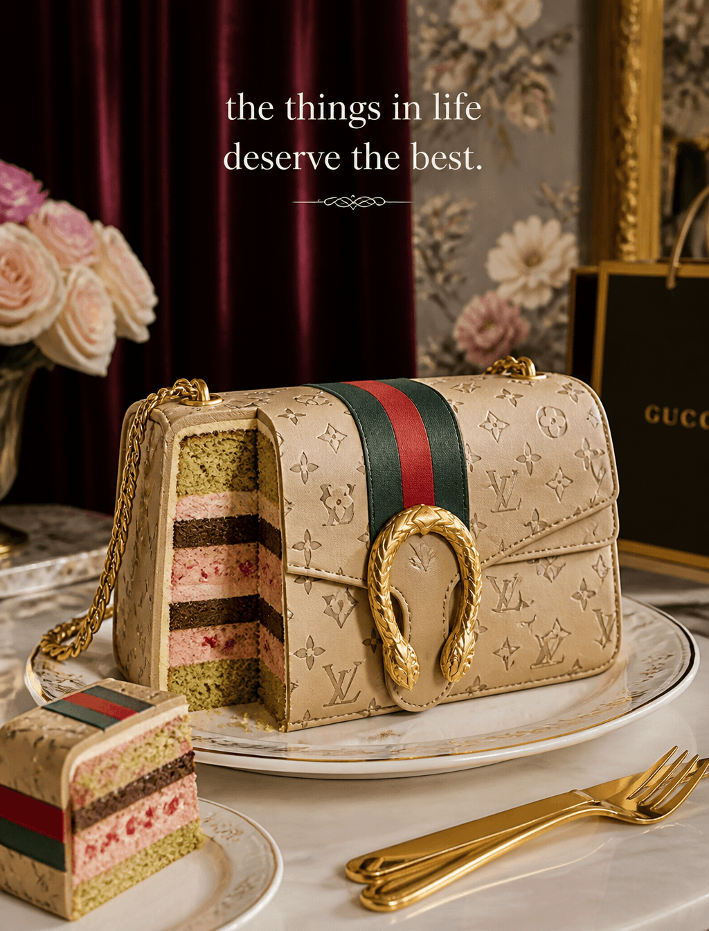 An elegant cake designed like a Louis Vuitton Dionysus handb