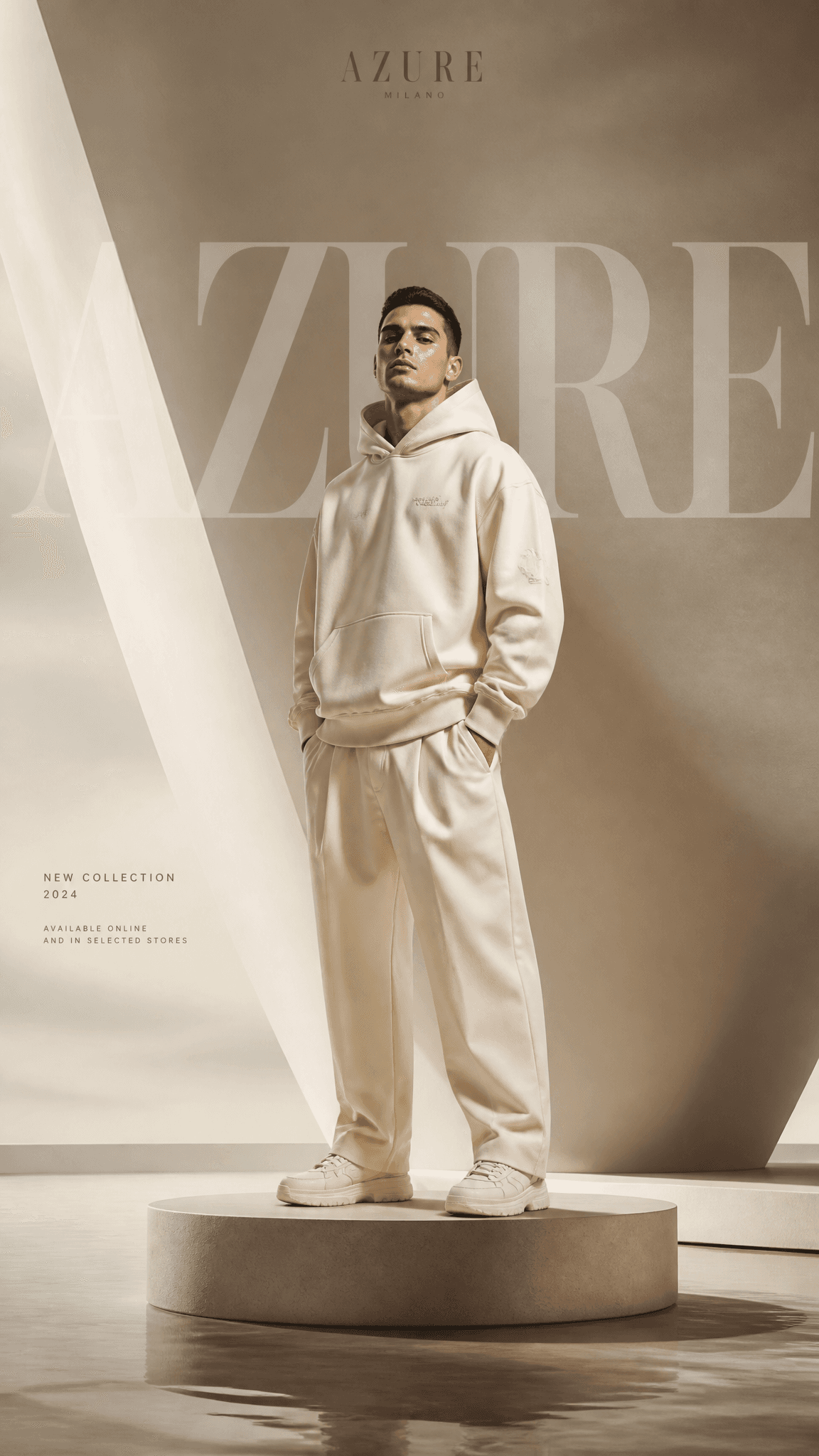 Ultra-luxury clothing brand advertising poster, vertical 9:1