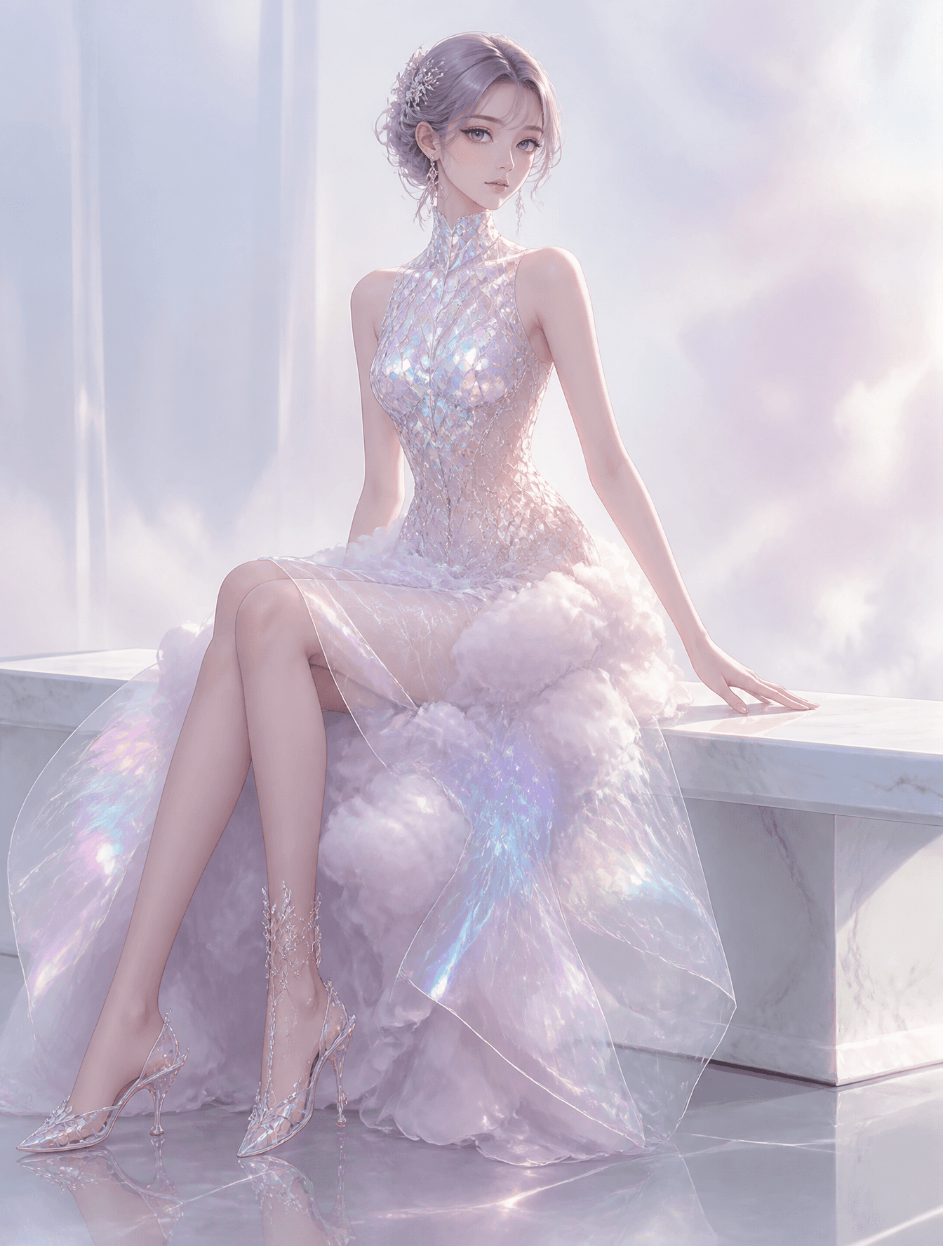 A dreamy anime fashion illustration highlighting a highly cr