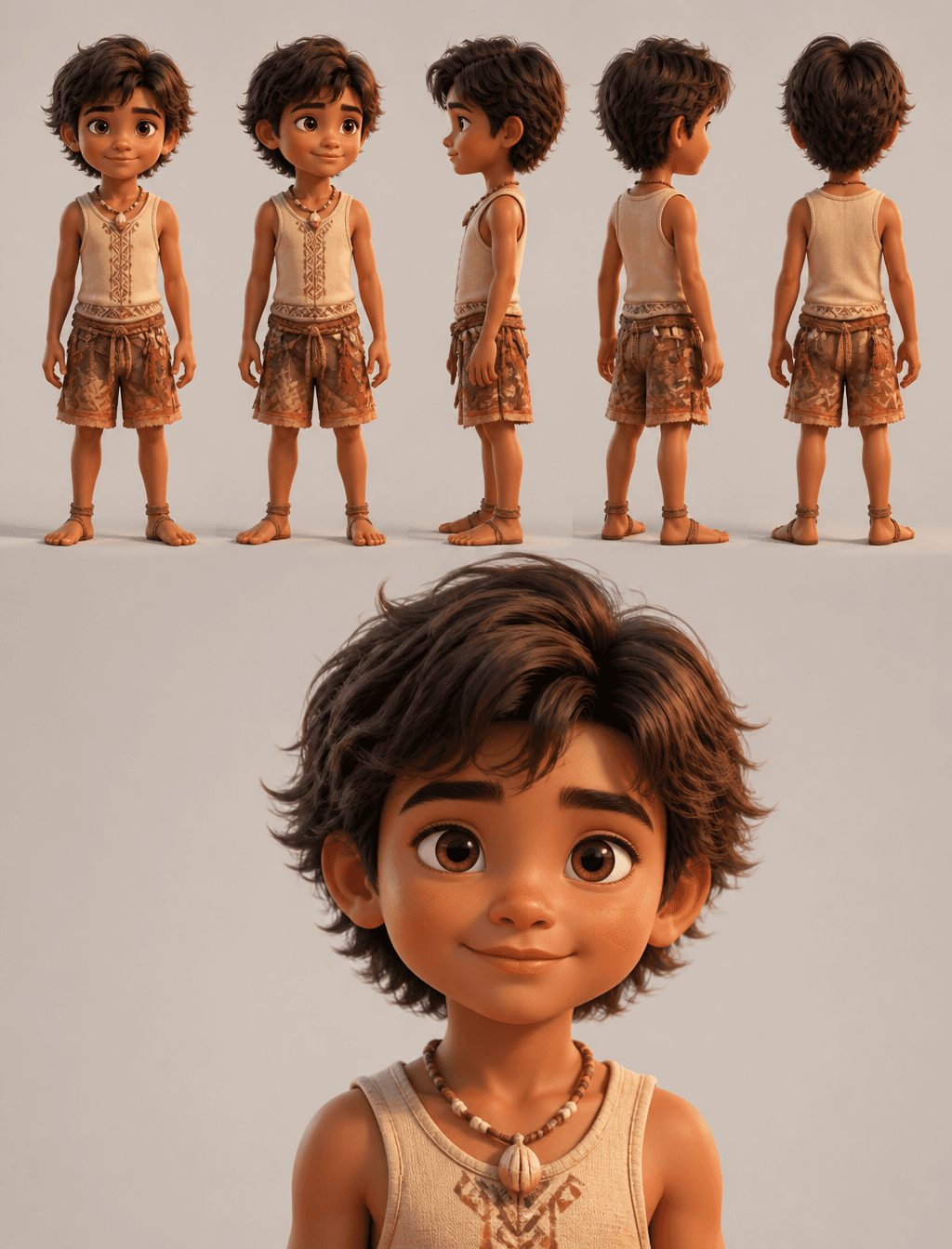 3D animated character reference sheet rendered in cinematic 