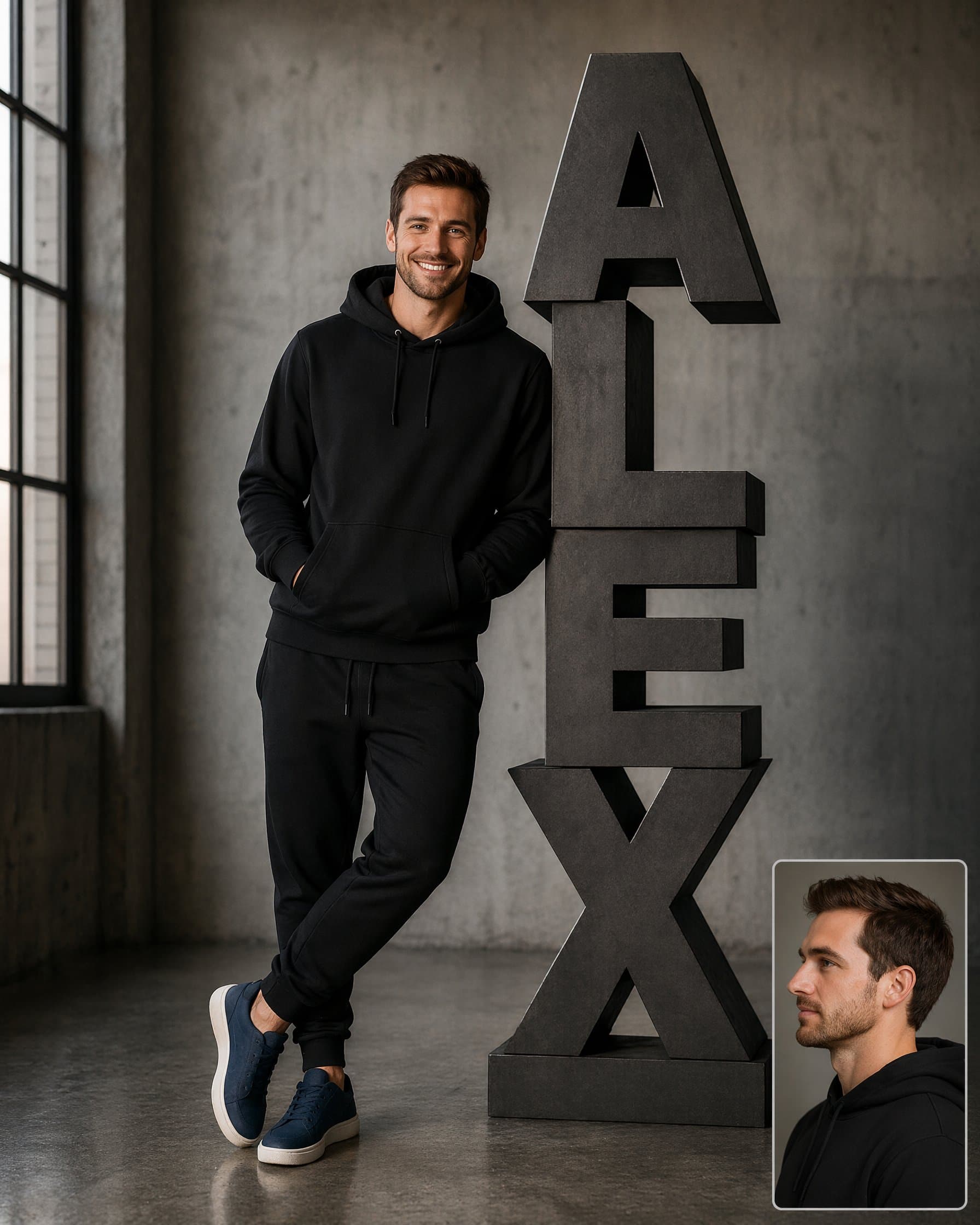 A professional full-body portrait of a stylish [young man /