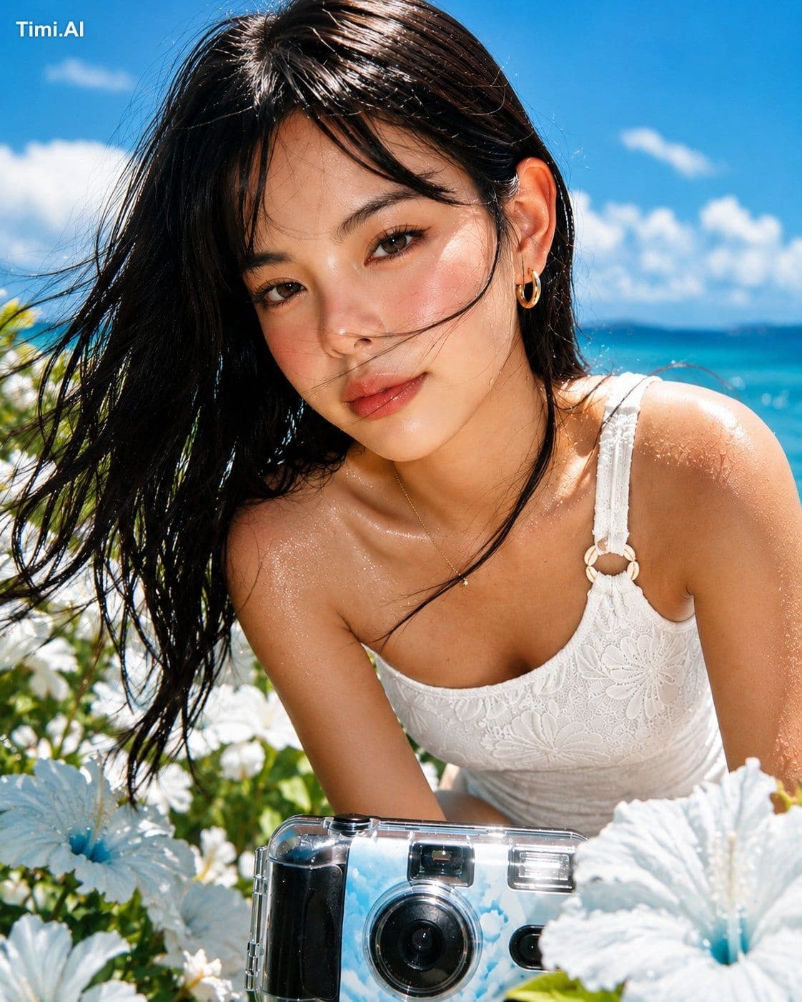 Ultra-realistic close-up beach portrait of a beautiful young