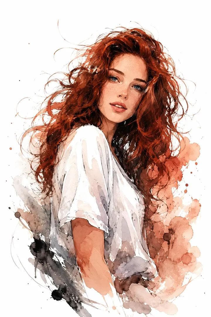 Portrait of a young woman with long messy curly red hair, we