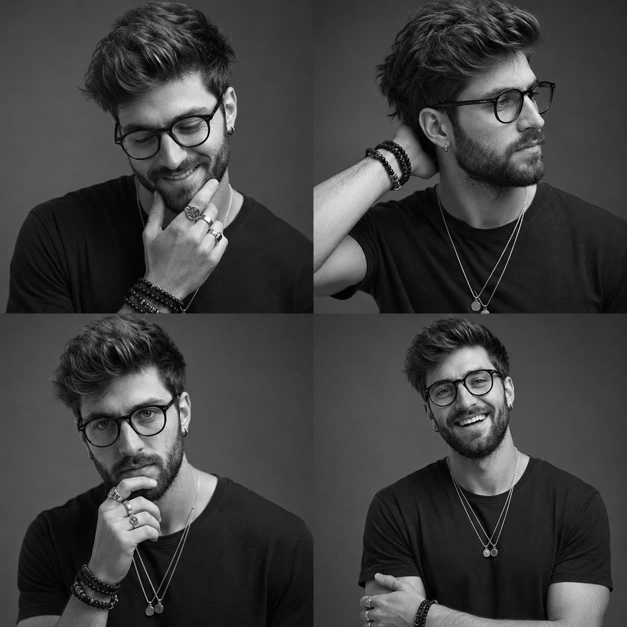 Ultra-realistic black-and-white studio portrait contact shee
