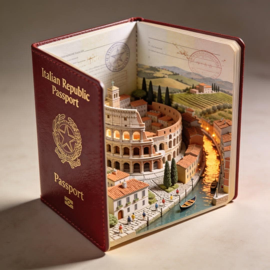 Hyper-realistic open [COUNTRY] passport on a studio surface,