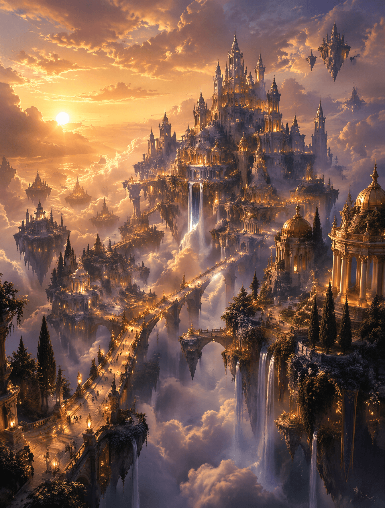 Create an epic fantasy city floating high above the clouds a