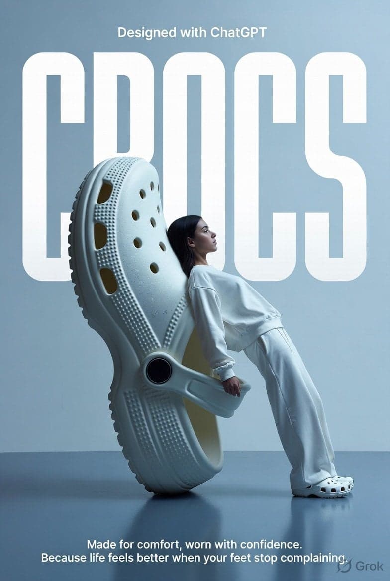 A high-fashion surrealist advertising poster for Crocs. The