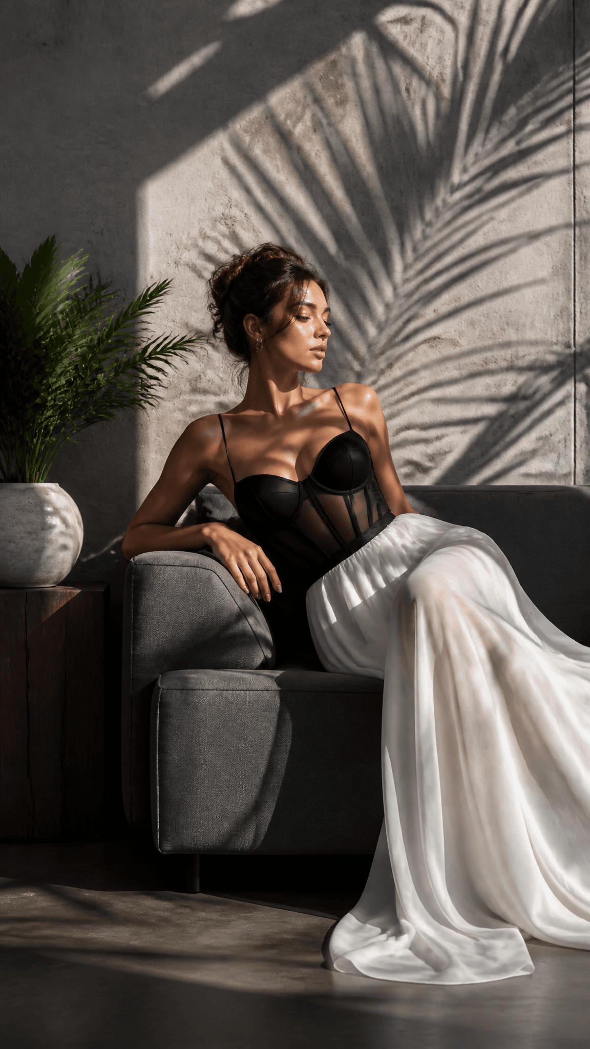 A young woman with an elegant updo reclines on a minimalist