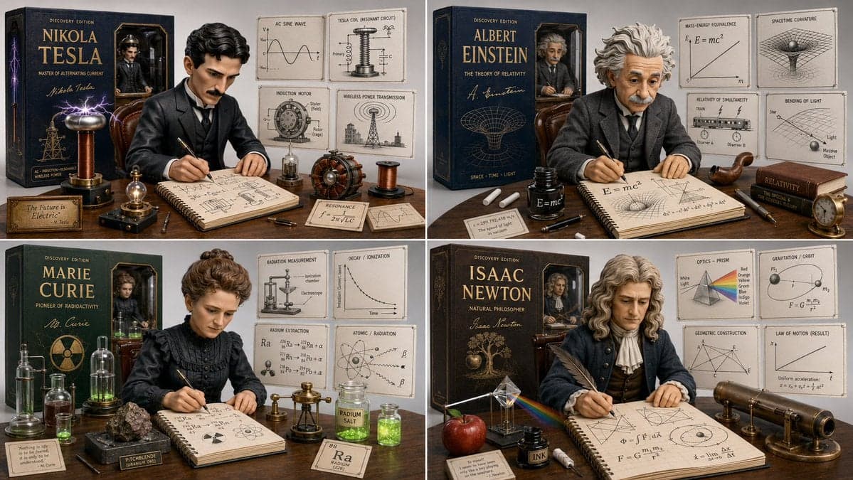 2x2 grid, 16:9, do this for Tesla and 3 other famous scienti