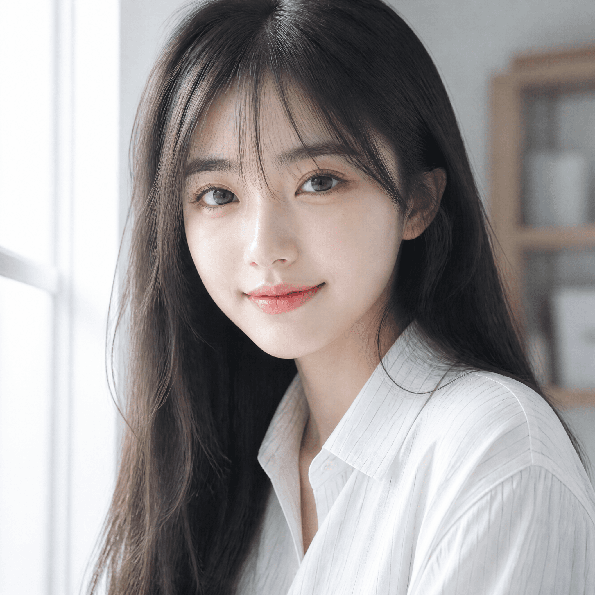 A young woman with long, straight black hair and wispy bangs