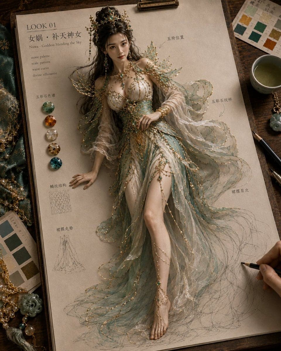生成一张《纸上成真 · 神话绮装》风格图片,4:5 竖版。
画面是高级东方神话高定服饰设定稿:米白色手稿纸夹在木质画板