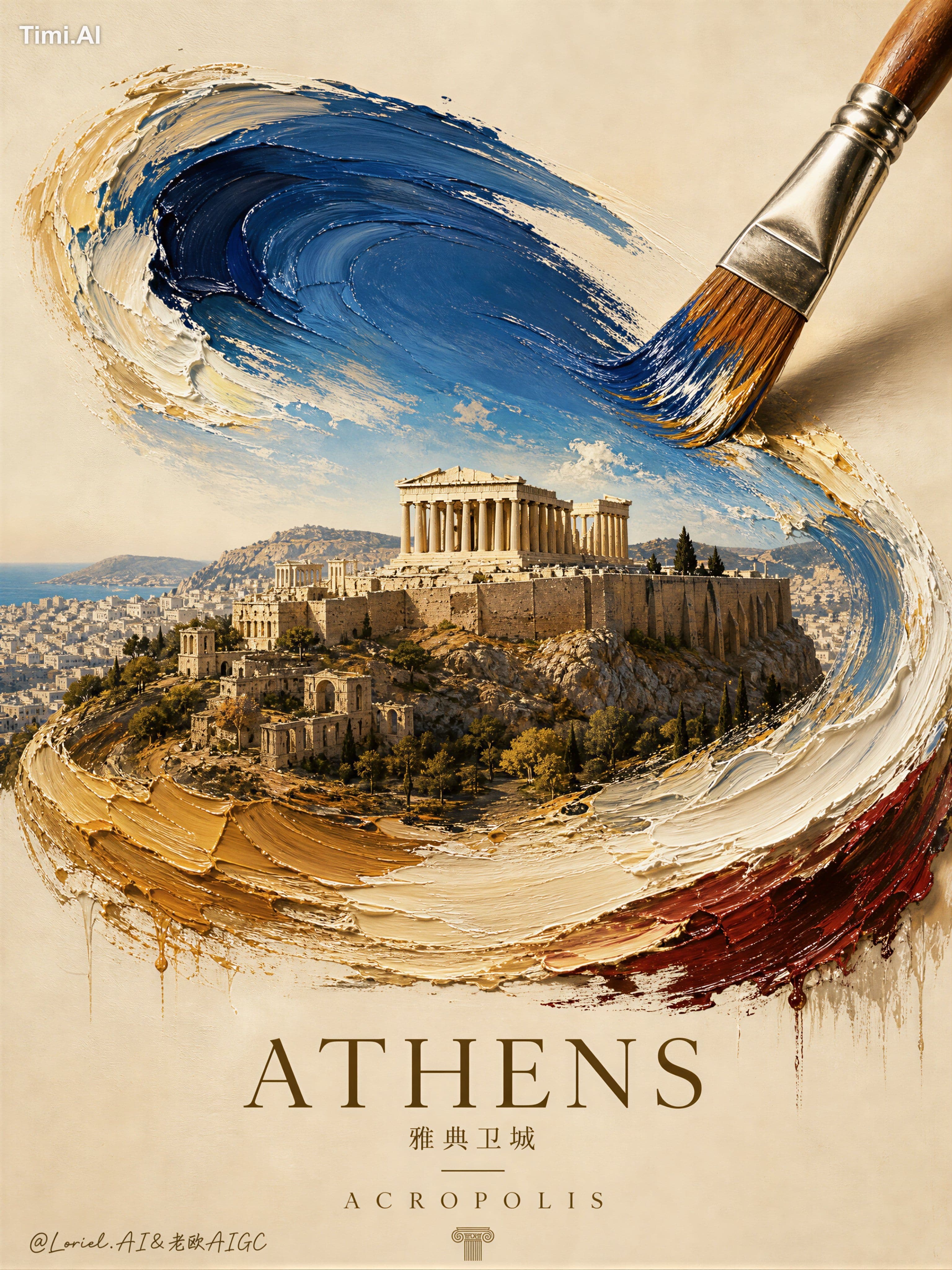 cheap tourism brochure, cartoon ruins, generic Greek temple,