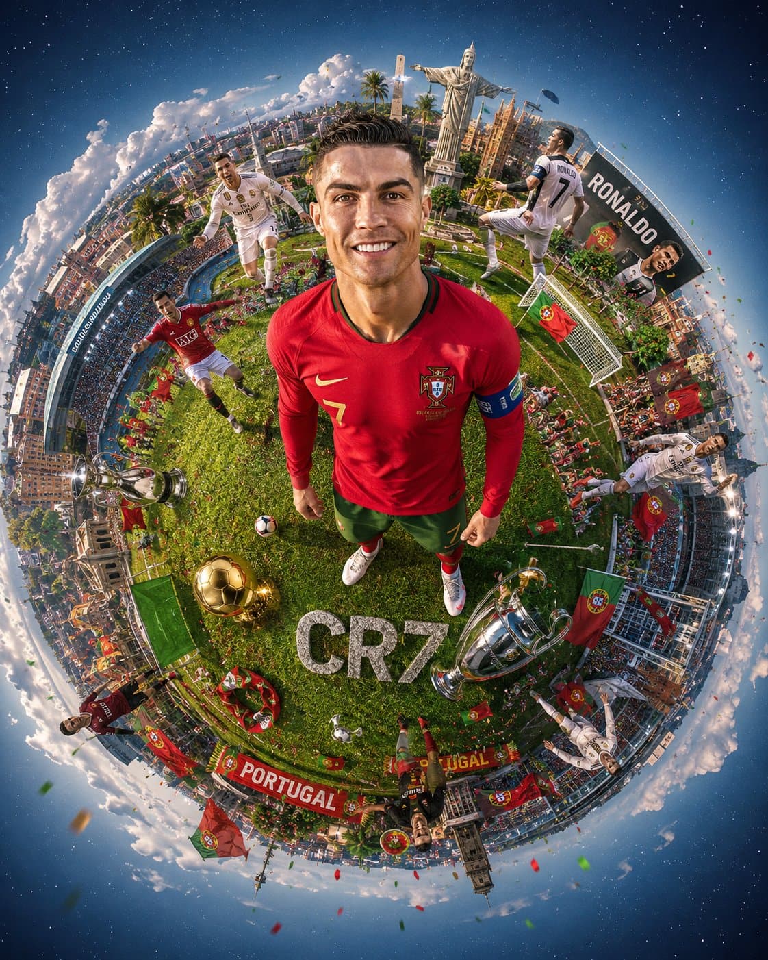Create a hyper-realistic tiny planet fisheye scene featuring
