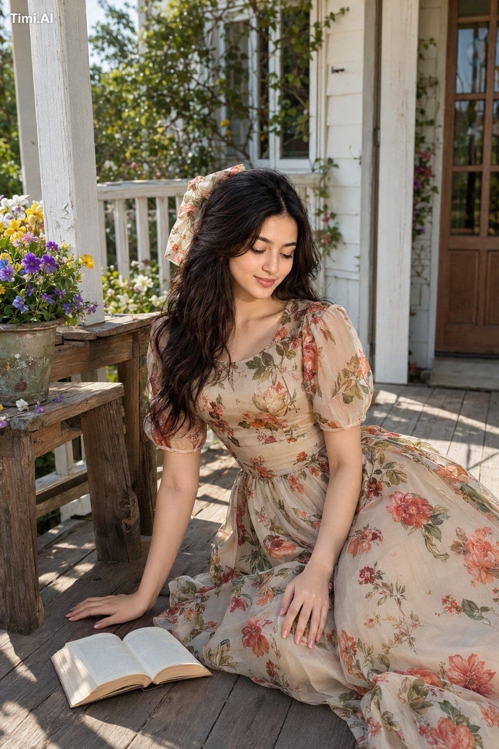 {
"description": "A stylish beautiful woman seated on a woo