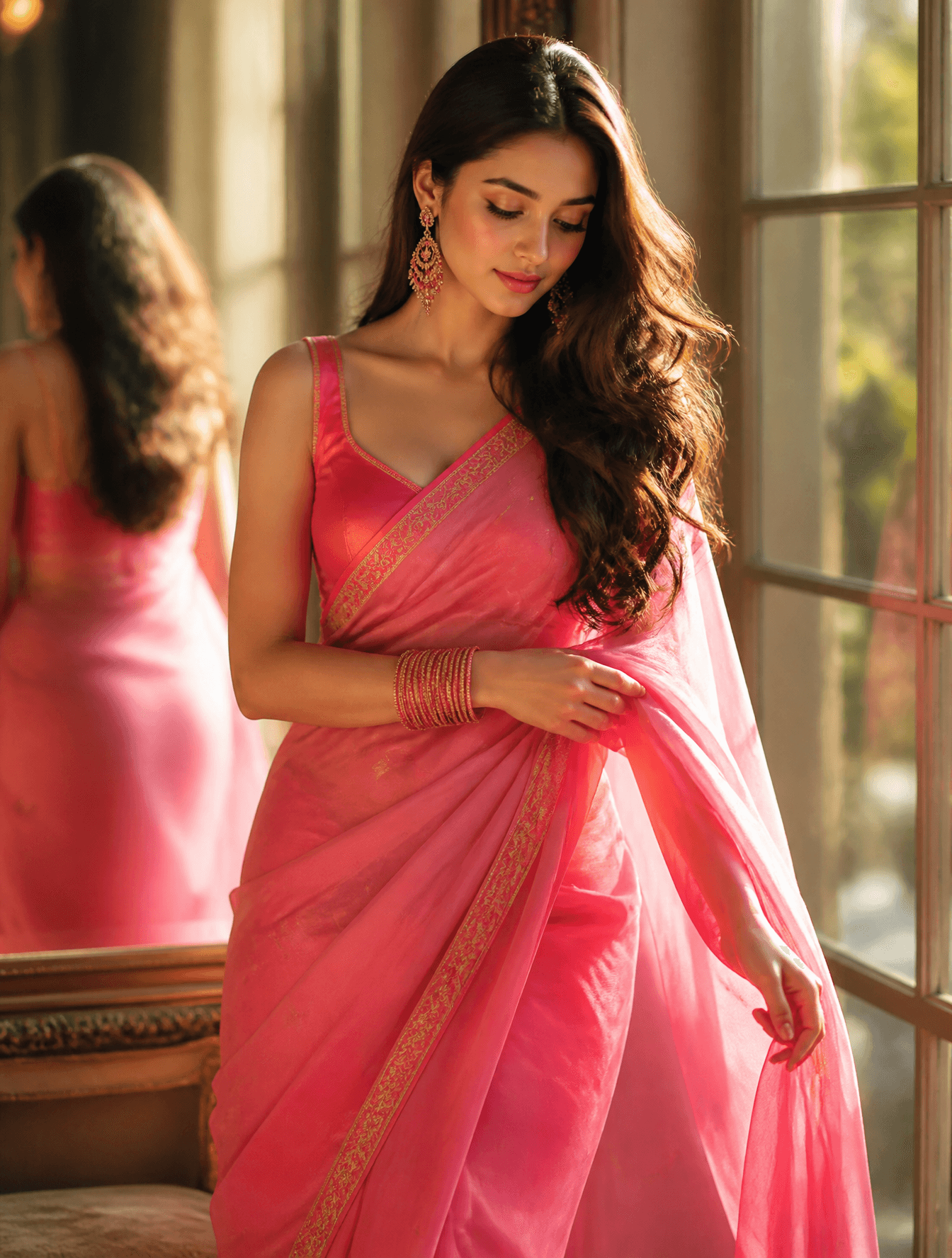 beside a large window in warm golden-hour sunlight, wearing