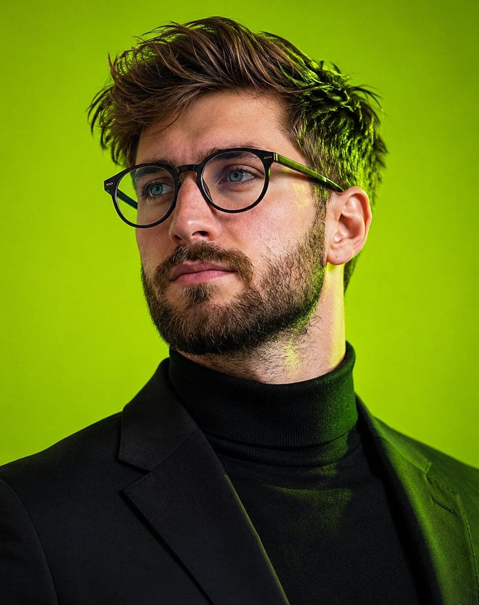 Ultra-realistic editorial portrait of a young man with tousl