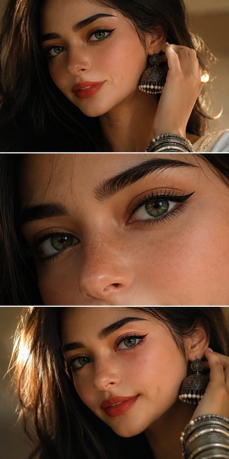 Ultra-realistic vertical 3-panel beauty collage of a young S