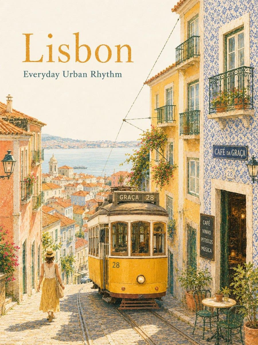 Dreamy vintage travel poster illustration of Lisbon, Portuga