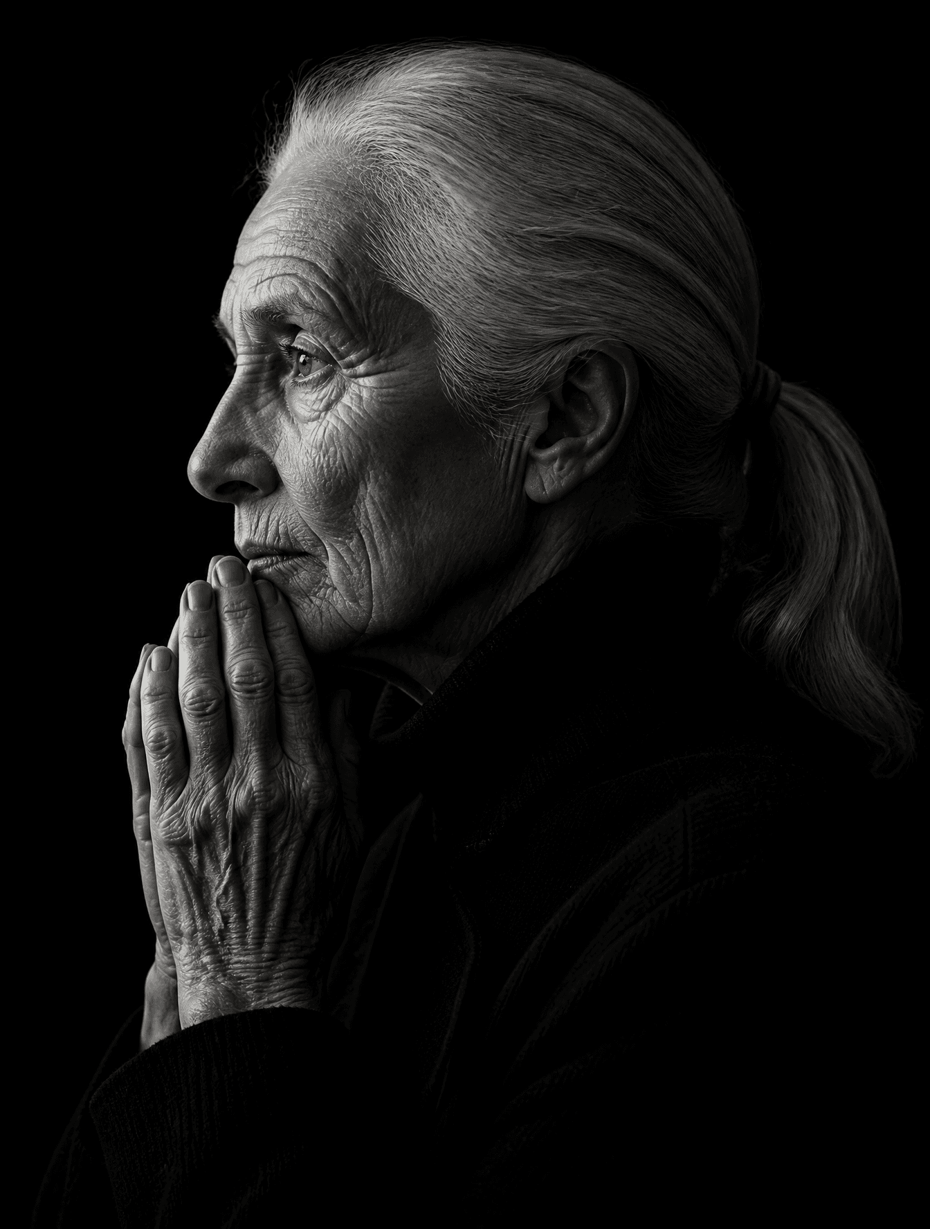 Create a dramatic black-and-white fine-art studio portrait o