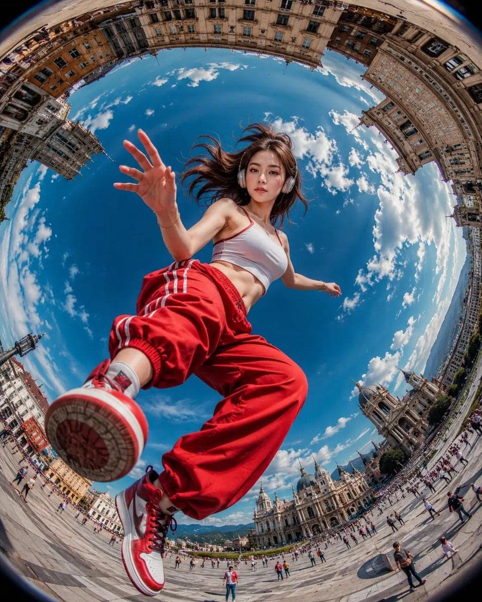 Ultra-realistic action photography, extreme fisheye lens (8m