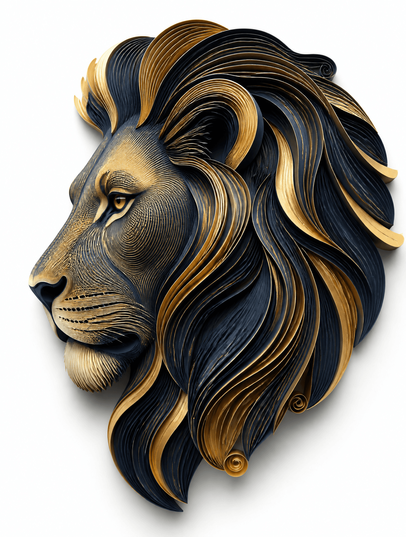A stylized, three-dimensional profile relief of a lion’s hea