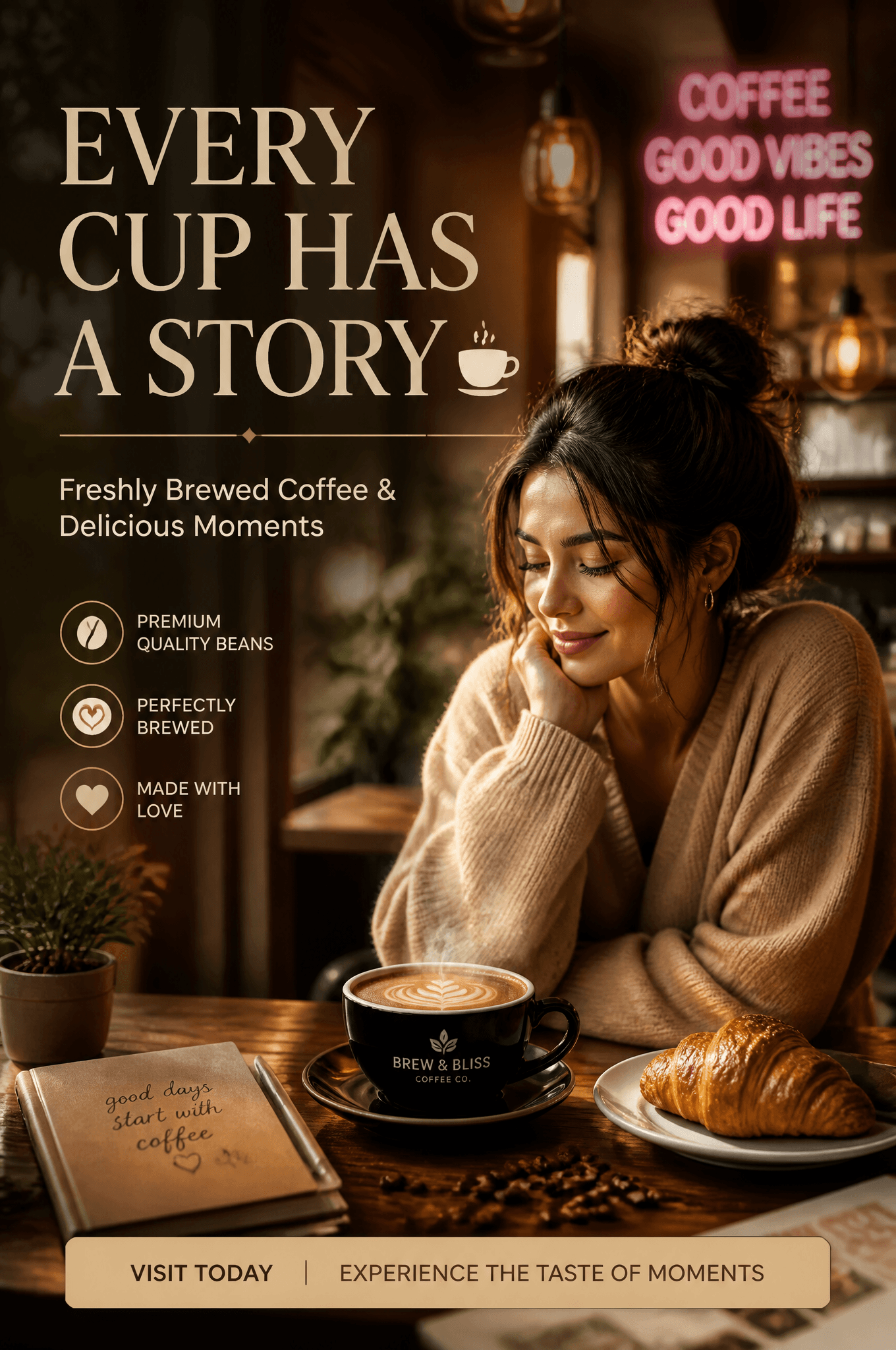 🎯 PROMPT (Cafe Advertisement | Ultra HD | Gen Z Aesthetic |