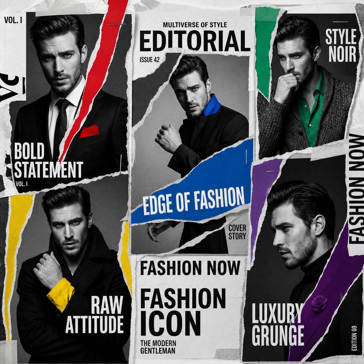 A luxury editorial multi-cover layout featuring the same mal