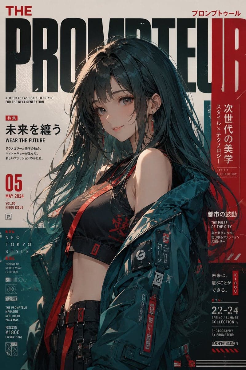 Ultra-premium Neo Tokyo fashion magazine cover, editorial an