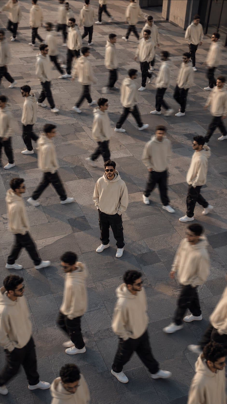Ultra-cinematic surreal clone photography, aerial high-angle