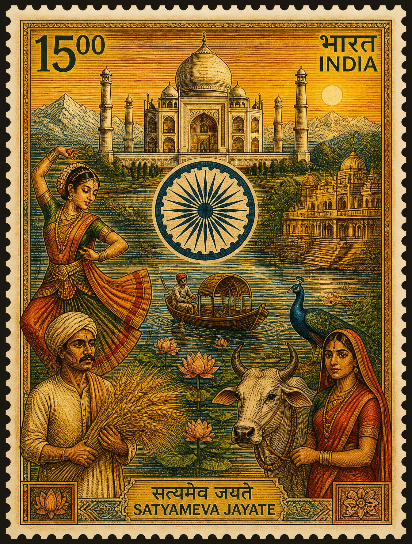 A detailed postage stamp illustration depicts a vibrant, sty