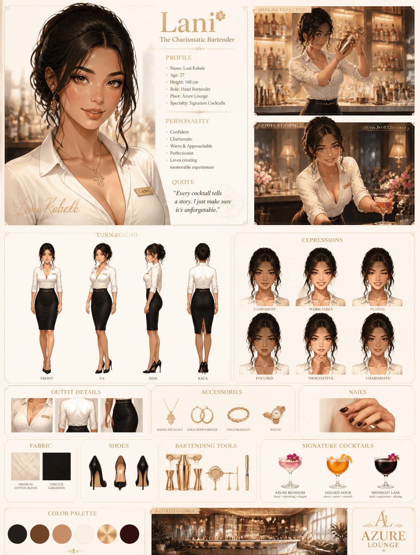 Create a premium anime-style character sheet of a classy, ch