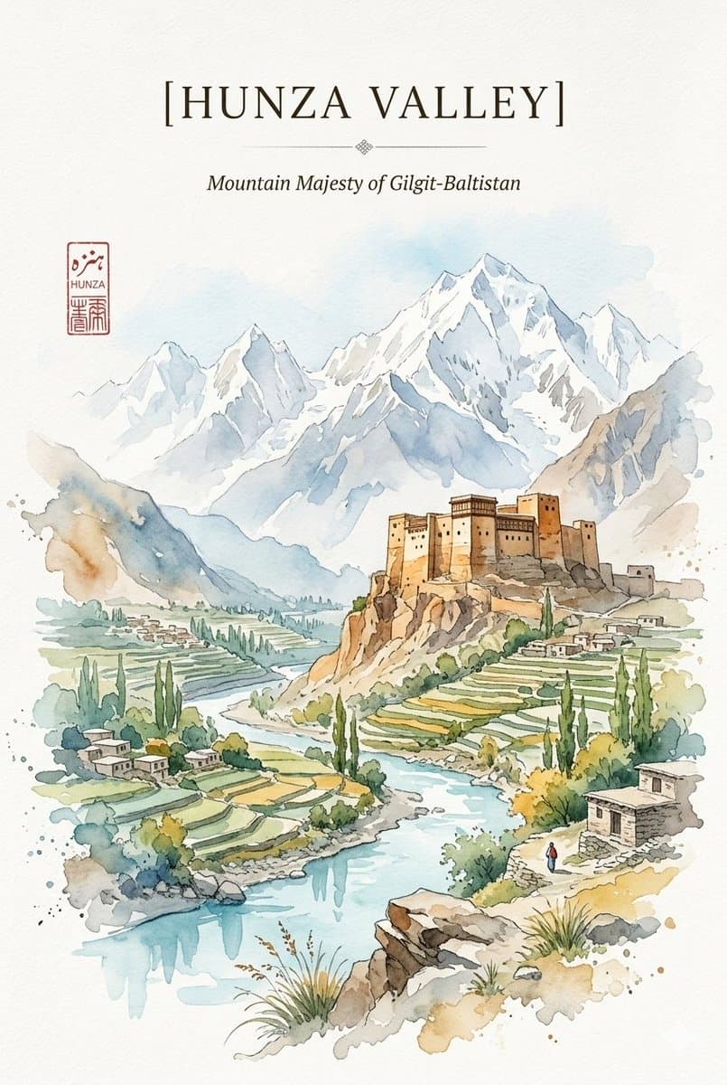 Watercolor travel poster that harmonizes the rugged heritage