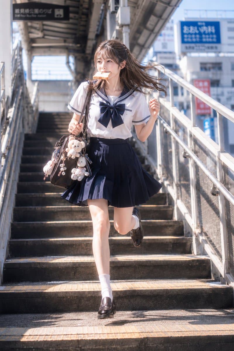主題：
朝の急ぎ足

人物・表情：
20代女性。明るいアイボリーベージュ寄りの白肌に、ほんのりピンクの血色を含んだ自然な