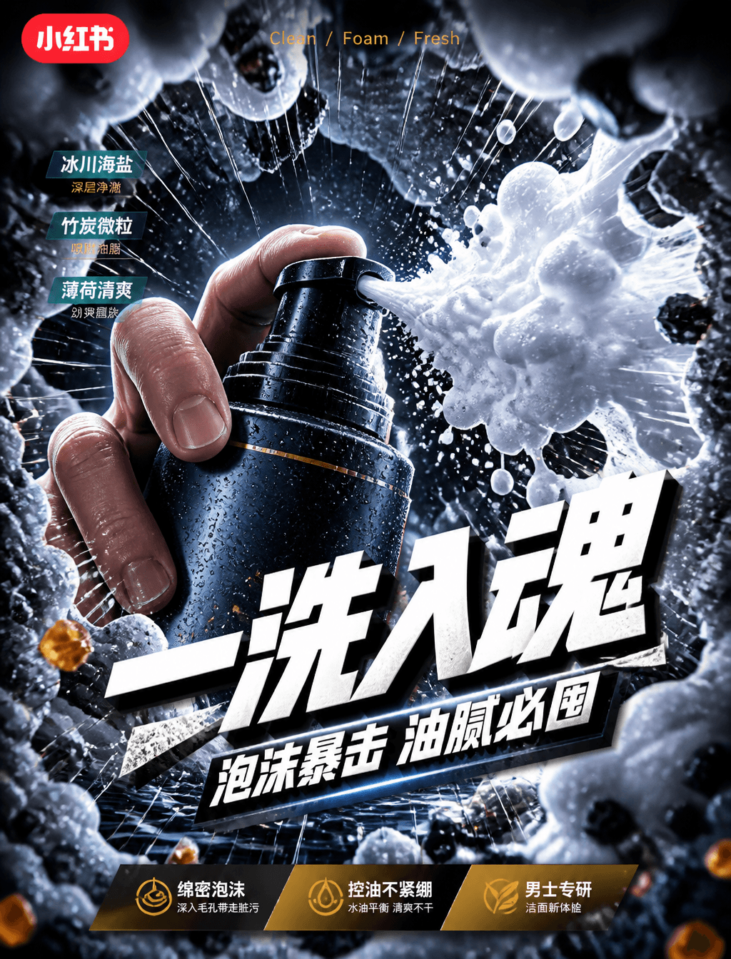 # 角色你是一位「冷调鱼眼产品冲击广告风格」的锁定执行专家,专精小红书电商男士洁面泡沫视频笔记封面生成。# 任务创作一张