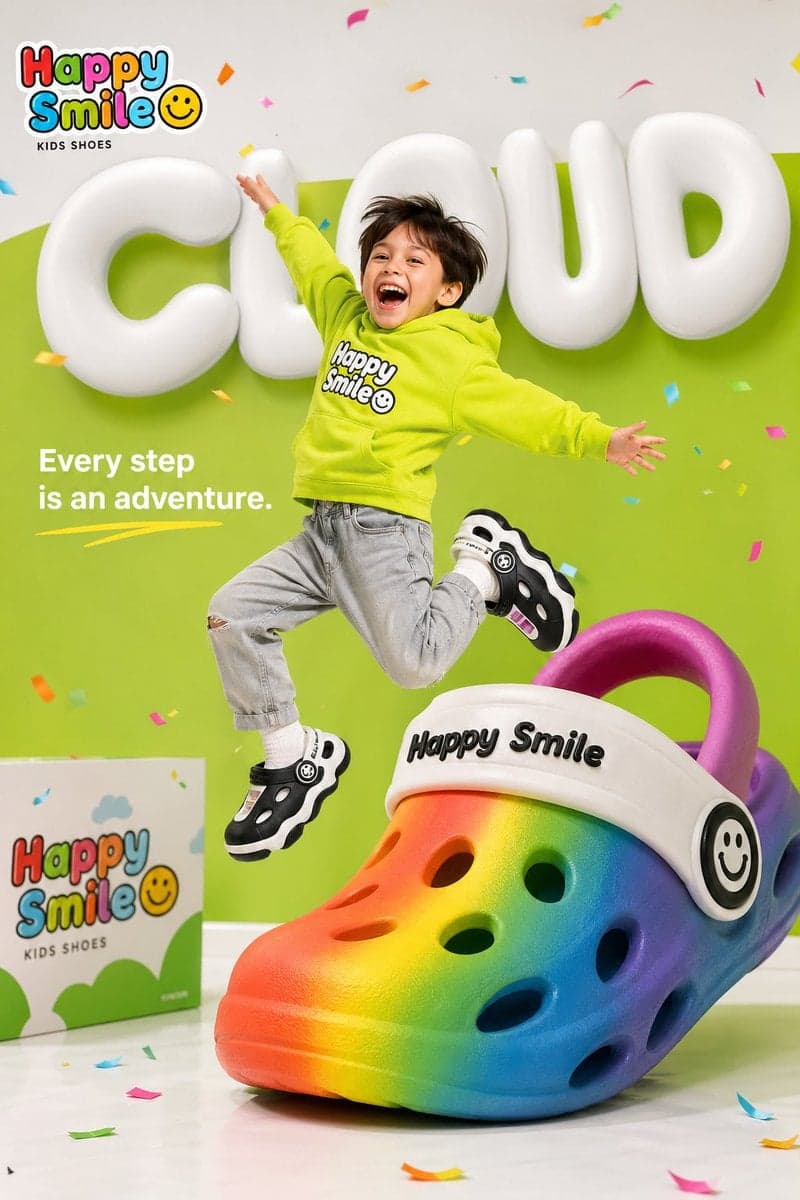 Bright colorful children's shoe brand advertisement for "Hap
