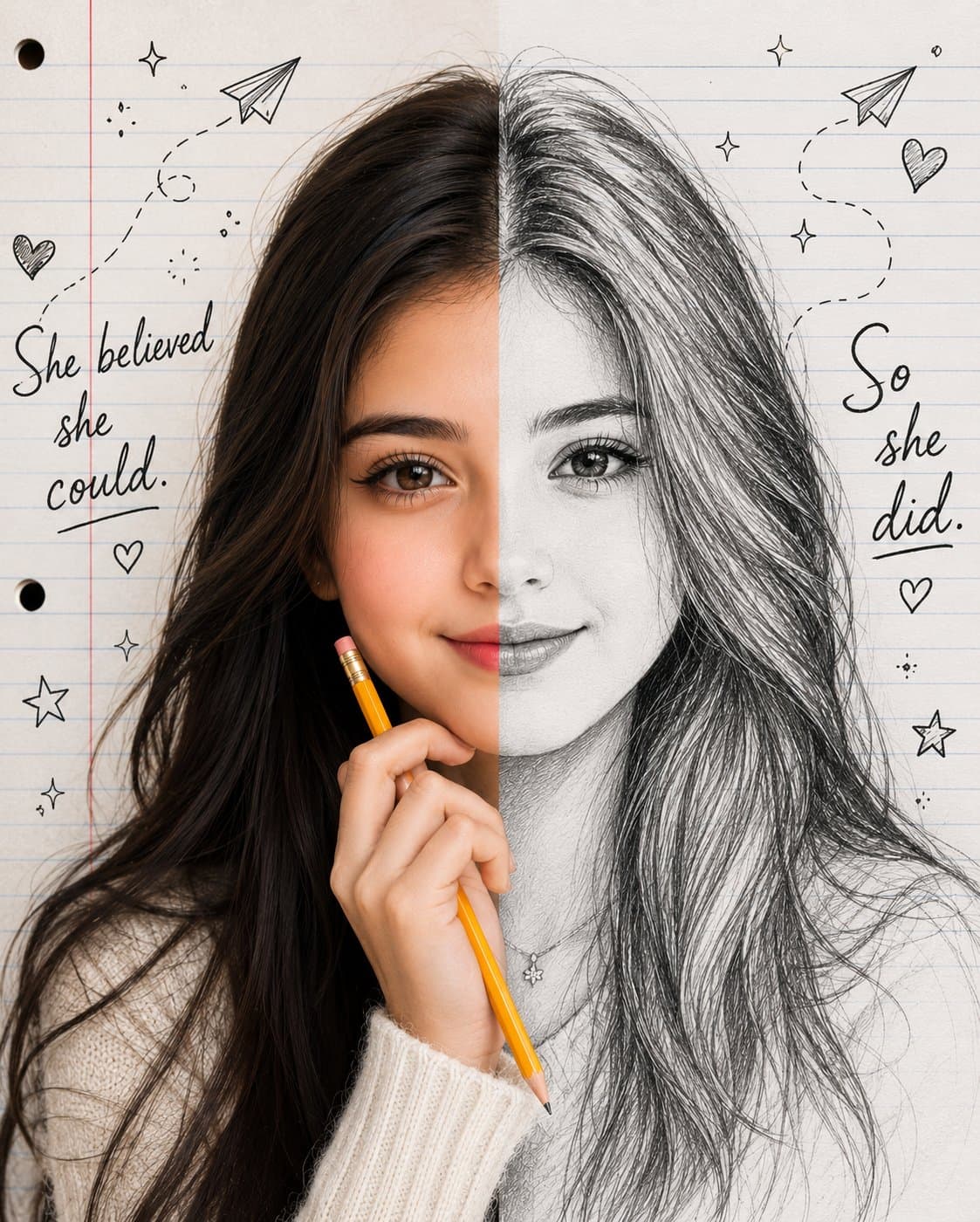 Split-face portrait of the exact same person, perfect identi