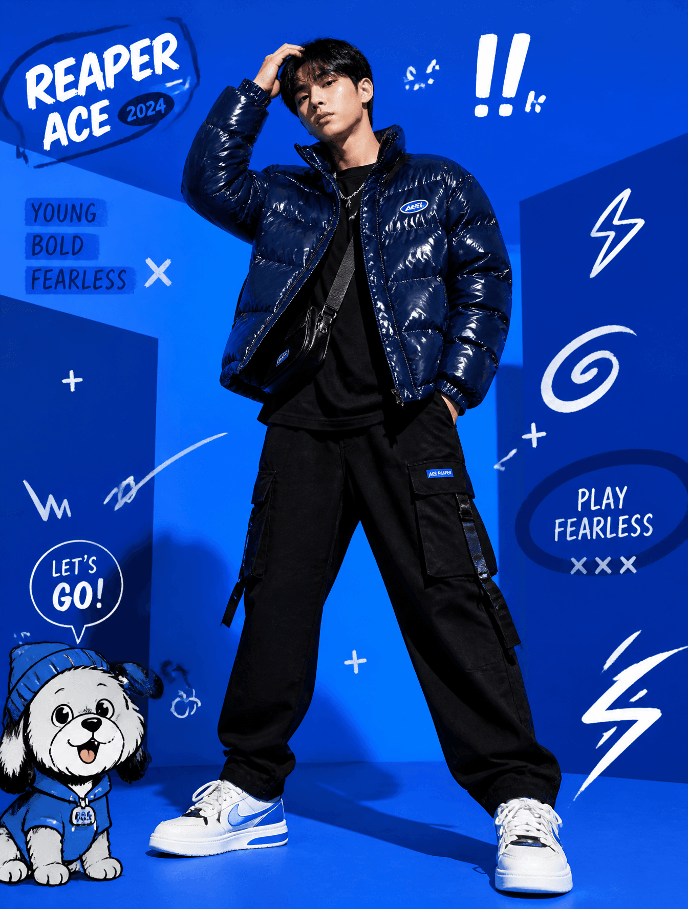 A full-body fashion editorial scene against a vibrant electr