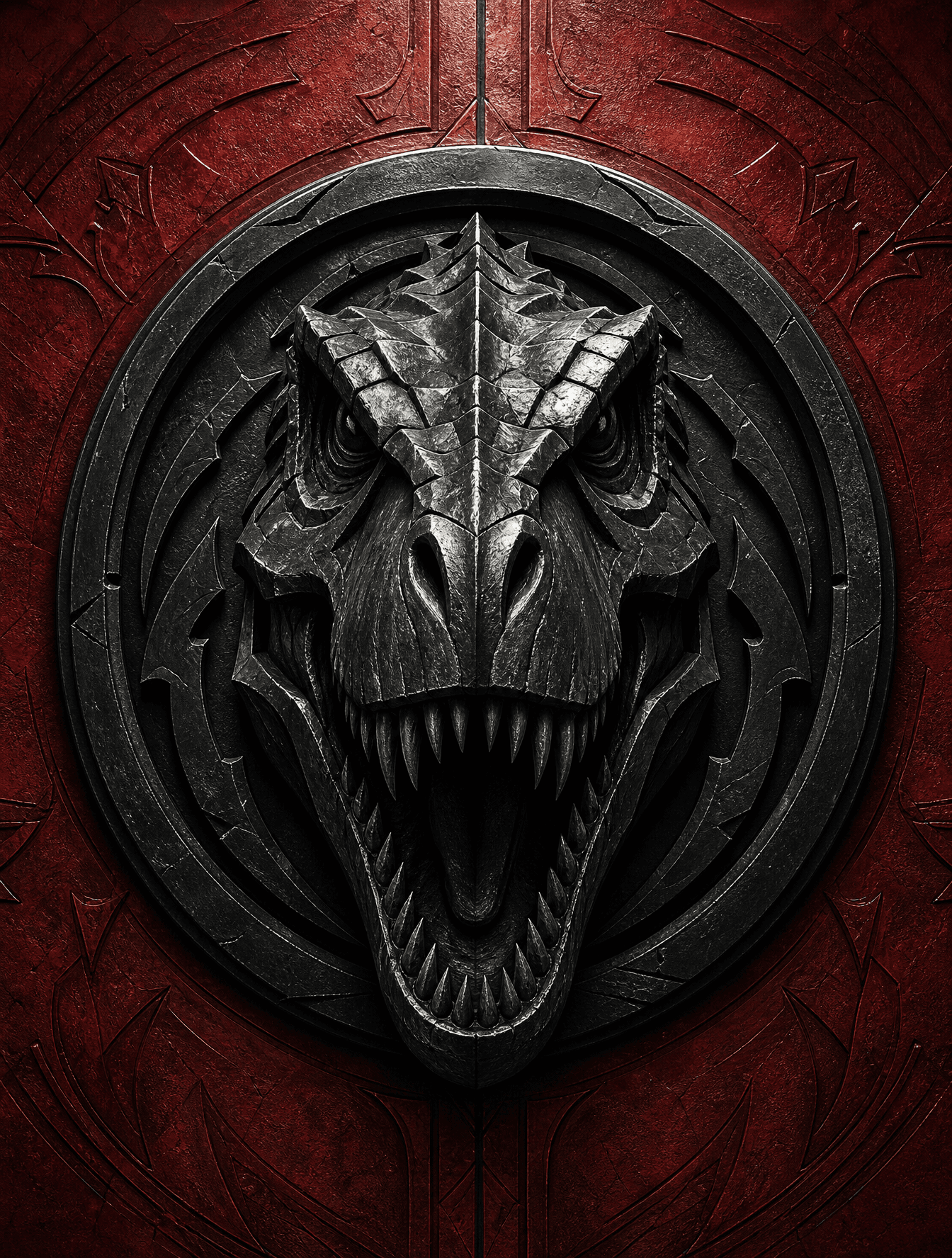 A massive 3D [T-rex] sculpted from matte black forged metal,