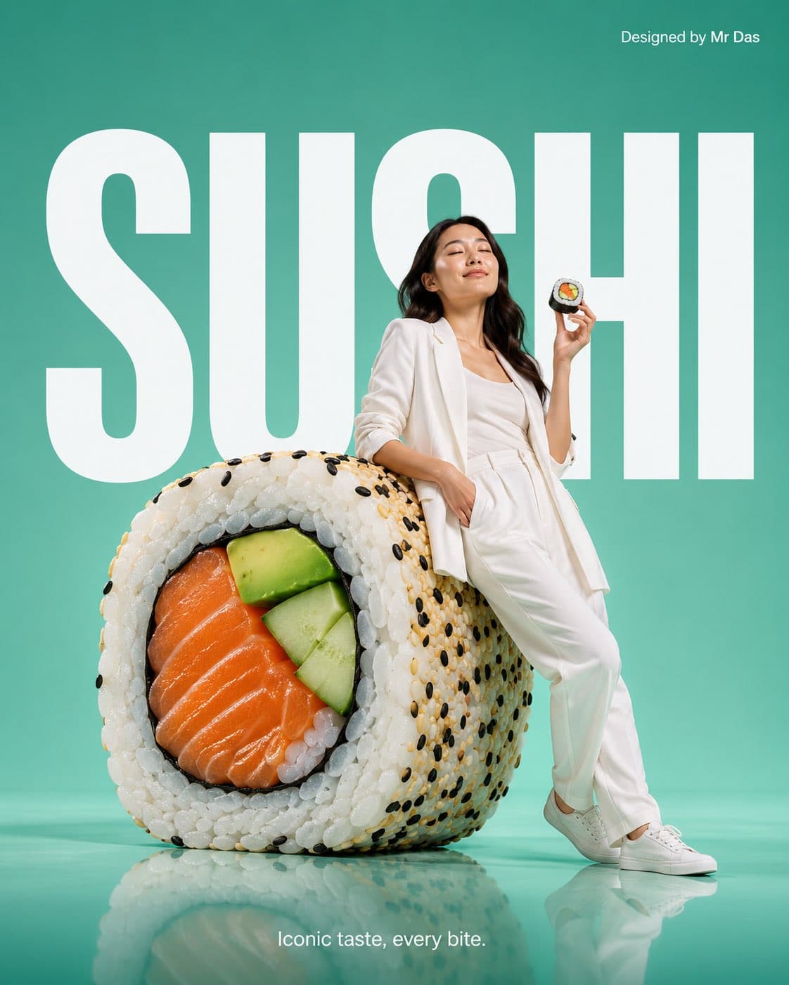Minimalist commercial ad featuring oversized premium sushi r